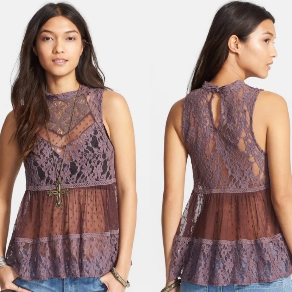 Free People Ladybird Sheer Purple Lace Sleeveless Babydoll Top.